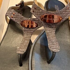 Michael Kors Black and Gold Fine Glitter Chain Mesh Sandals Like New OG Box